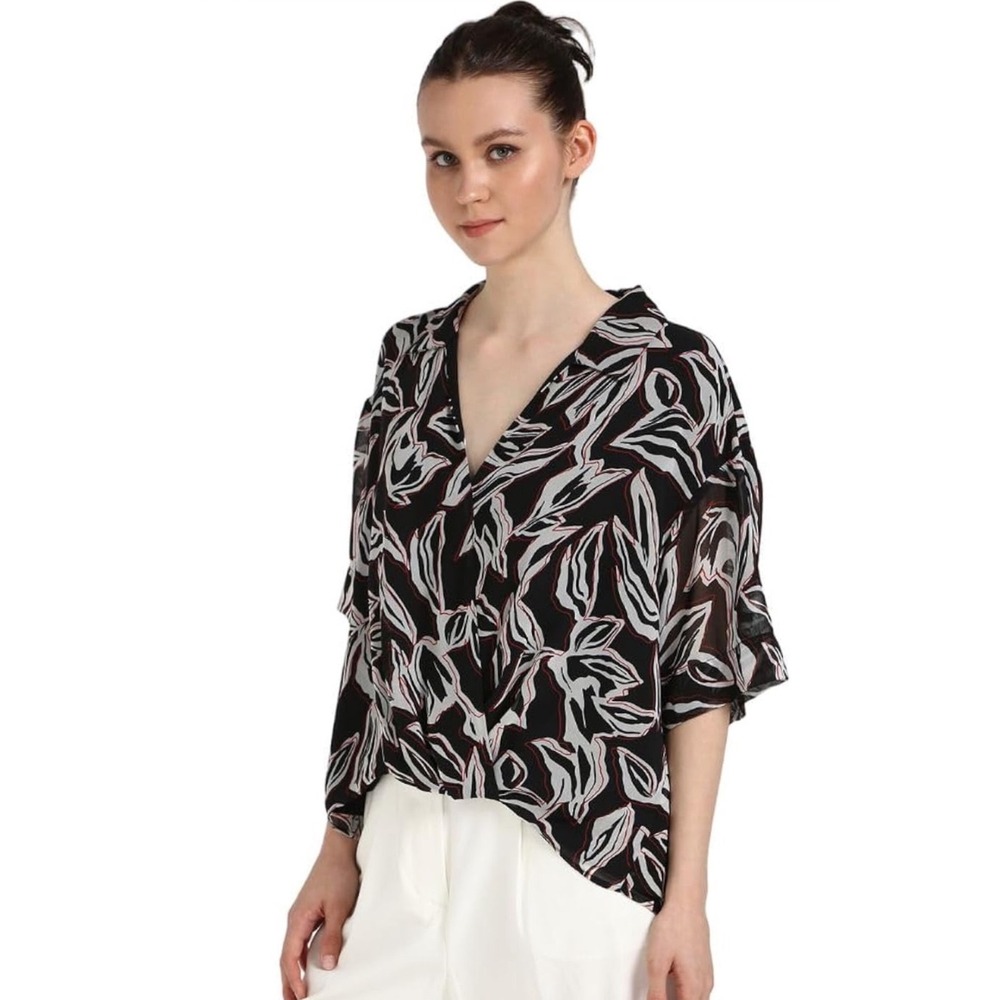 Calvin Klein Womens Black White Red Abstract Leaf Print Chiffon Blouse M